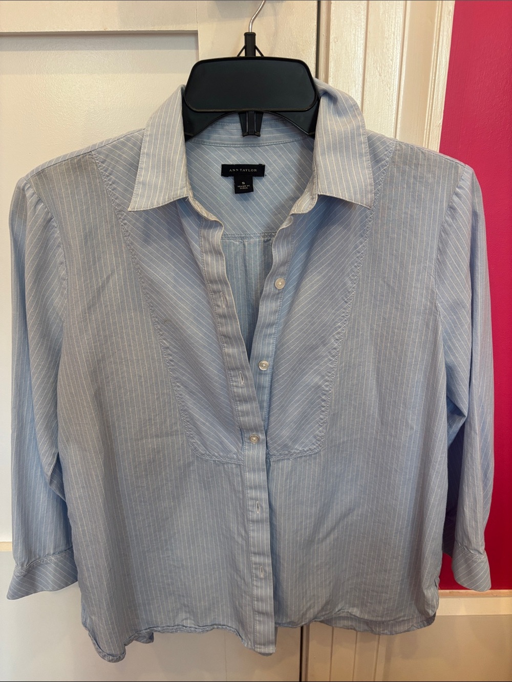 Ann Taylor Pale Blue Pinstripe Popover Button-Front Shirt